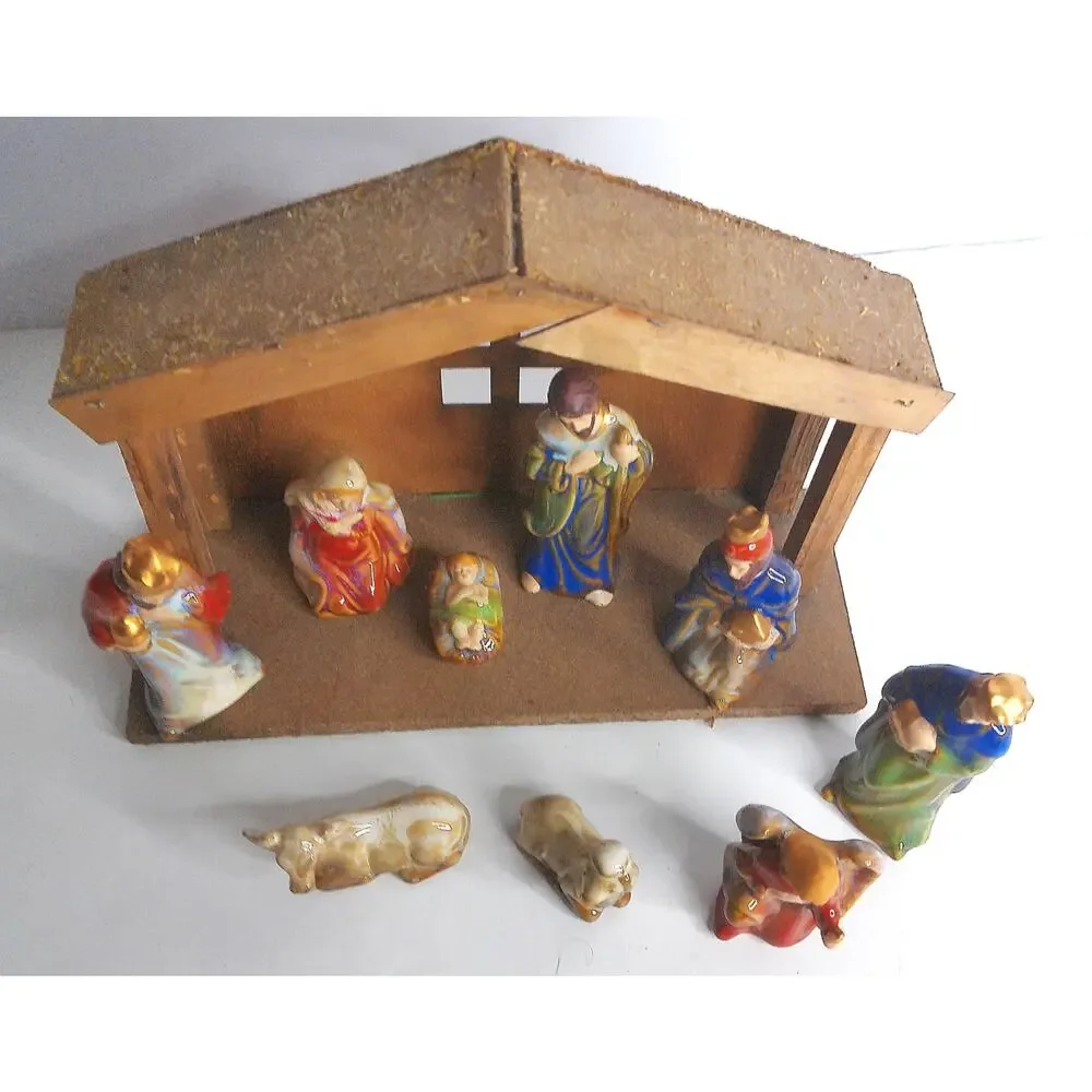Vintage Nativity Scene Set 9pc Hand Painted Figures With Wood Manger
